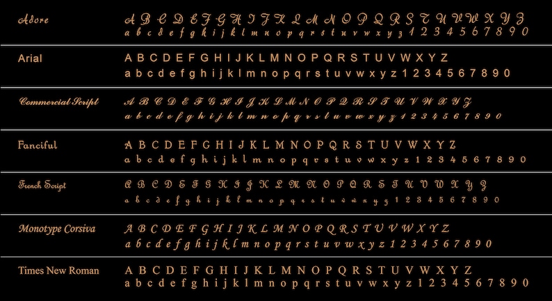 May include: A visual comparison of different fonts, including Adore, Arial, Commercial Script, Fanciful, French Script, Monotype Corsiva, and Times New Roman. Each font is displayed in uppercase and lowercase letters, as well as numbers 0-9.