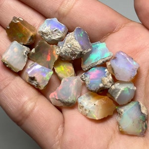 May include: A collection of rough opal gemstones in various shades of white, gray, and brown with iridescent flashes of color. The opals are raw and have a natural, unpolished look.