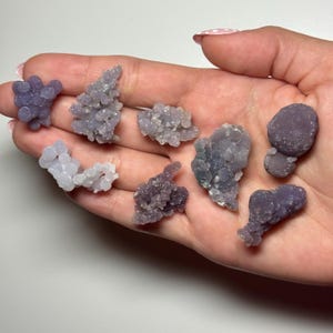 May include: A selection of small, clustered, grape-like stones in shades of lavender and purple are held in a hand. The stones vary in size and shape, with a textured, crystalline appearance. The background is a light, neutral colour.