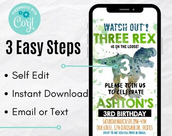 Puede incluir: Invitación digital editable para una fiesta de cumpleaños de 3 años con un dinosaurio de acuarela verde y azul con el texto "¡Cuidado! ¡Tres Rex está suelto!" y "Ashton's 3rd Birthday". La invitación incluye la fecha, la hora y el lugar de la fiesta.