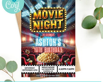 Movie Birthday Invitation, Movie Night Birthday, Movie Party, Movie Night, Popcorn Party, Cinema theme birthday invitation