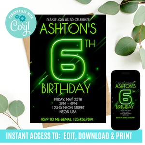 Neon Birthday Invitation, 6th Birthday Invite Boy, 6th Birthday Invitation, Glow in the dark Invitation, 6th Birthday invite girl