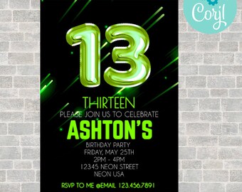 13th birthday, 13th birthday invitation, birthday invitation, birthday invitations for boys, Neon Birthday Invite, boys 13th birthday