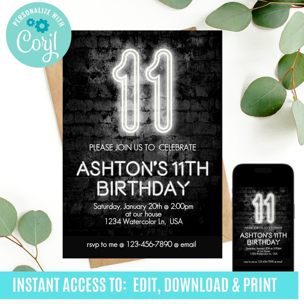 Glow Birthday 11th Party Invitation Etsy