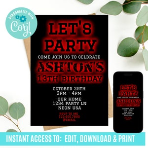 13th birthday invitation, Black & red birthday invitation, 13th birthday invitation boy, Neon Birthday Invitation, thirteenth birthday