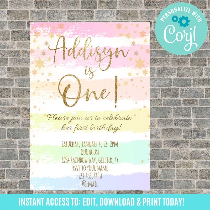 Birthday Invitation, Rainbow 1st Birthday, Birthday Invitations for G…