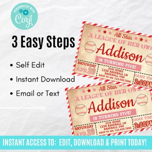 May include: A printable baseball-themed birthday invitation for a girl turning five. The invitation is red, white, and pink with a baseball graphic and the text "All Star A League of Her Own Addison is turning five!"  The invitation also includes the date "Saturday, April 20th" and the time "2:00 PM".