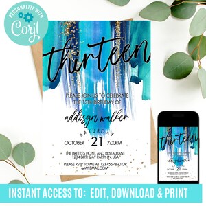 13th birthday invitation girl, thirteenth birthday invitation, 13th bday invite, thirteenth birthday party invitation, Editable invite