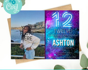 May include: A printable birthday invitation with a galaxy background. The invitation features the number 12 in a neon blue and pink font, the words "TWELVE!" and "PLEASE JOIN US FOR A BIRTHDAY PARTY CELEBRATING ASHTON" in black font, and the date, time, and location of the party in smaller black font.