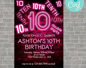 Neon Light Birthday Invitation, 10th Birthday Invitation, Double Digits Birthday Invitation, Glow in the dark birthday Invitation