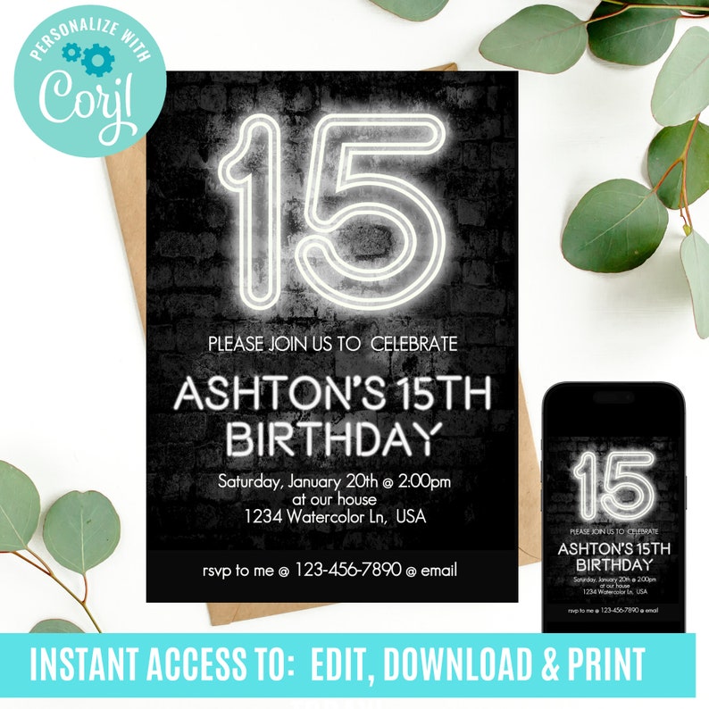 Peut inclure: Invitation de f&ecirc;te d'anniversaire &eacute;ditable pour un 15e anniversaire avec un design de n&eacute;on. L'invitation pr&eacute;sente un fond de brique noire avec un n&eacute;on blanc qui dit "15". Le texte sur l'invitation dit "Veuillez vous joindre &agrave; nous pour c&eacute;l&eacute;brer le 15e anniversaire d'Ashton". L'invitation comprend &eacute;galement la date, l'heure et le lieu de la f&ecirc;te. L'invitation est disponible en t&eacute;l&eacute;chargement et en impression instantan&eacute;s.
