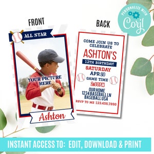 Baseball card invitation, Baseball Birthday, Baseball Baby template, Rookie of the Year, All Star, Baseball Party Decorations, Personalized