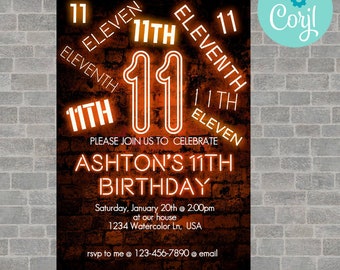 11th birthday, 11th birthday invitation, birthday invitation, birthday invitations for boys, Neon Birthday Invite, boys 11th birthday