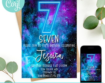 Galaxy Birthday Invitation, 7th birthday invitation, seventh birthday, space birthday invite, neon birthday invite