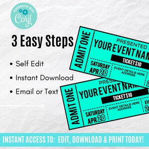 Event Ticket Printables, Editable Event Tickets, Event Ticket Template ...