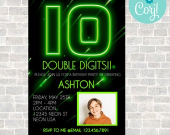 Neon Light Birthday Invitation, 10th Birthday Invitation, Double Digits Birthday Invitation, Glow in the dark birthday Invitation