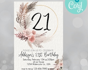 convite de aniversário de 21 anos, convite de aniversário boho, convite de aniversário boho, convite de aniversário dos pampas, convite de aniversário de vinte anos