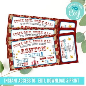 Carnival Ticket Birthday Invitation, Circus Party, Circus invitation, Editable Instant Download, Edit Online NOW Corjl, INSTANT ACCESS