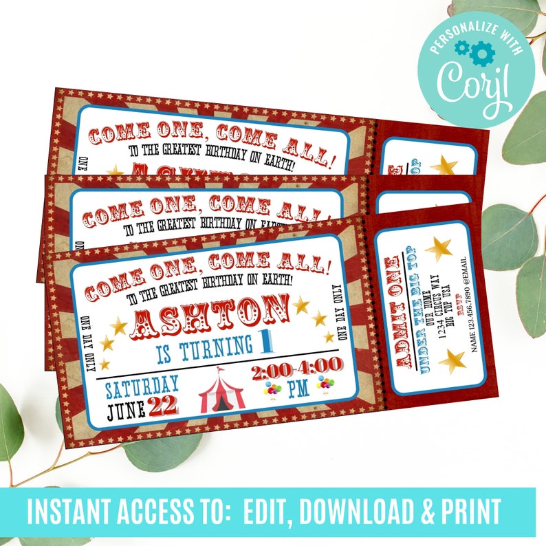 May include: Red, white, and blue circus ticket invitation for Ashton's 1st birthday party. The invitation features a vintage ticket design with a red and white striped tent and balloons. The party is on Saturday, June 22nd from 2:00 to 4:00 PM.