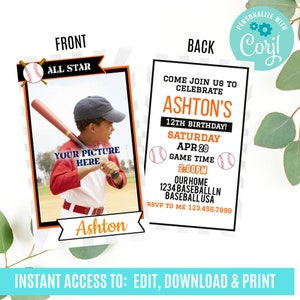 Baseball card invitation, Baseball Birthday, Baseball Baby template, Rookie of the Year, All Star, Baseball Party Decorations, Personalized