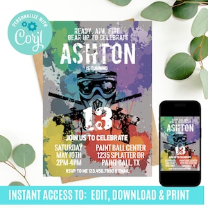 Any Age, Paintball Birthday Invitation, Paintball Invitation, Paintball Editable Invitation, Paintball Invite, Paintball Party