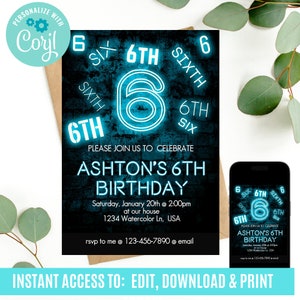 Any Age, Neon Light Birthday Invitation, 6th Birthday Invitation, Boys 6th Birthday Invitation, Glow in the dark birthday Invitation