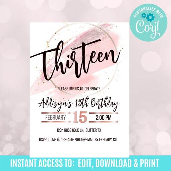 13th Birthday Girl Invitations Teen Birthday Invitation Etsy