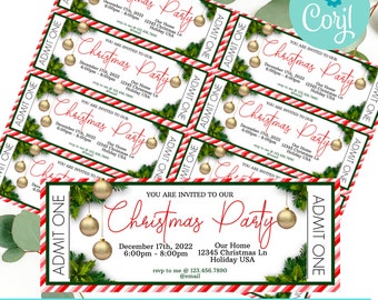 Könnte beinhalten: Weihnachts-Party-Einladungskarten mit festlichem Design. Die Karten zeigen rot-weiß gestreifte Ränder, grüne Stechpalmenakzente und goldene Ornamente. Der Text lautet "Christmas Party" mit Veranstaltungsdetails. Die Karten sind zum Bearbeiten, Herunterladen und Drucken.