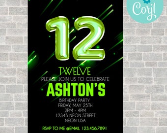 12th birthday, 12th birthday invitation, birthday invitation, birthday invitations for boys, Neon Birthday Invite, boys 12th birthday