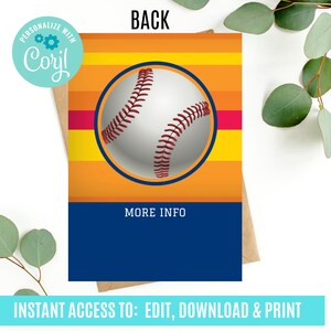 K&ouml;nnte beinhalten: Eine druckbare Einladung zum Thema Baseball mit einer Baseballgrafik und dem Text "BACK" und "MORE INFO".