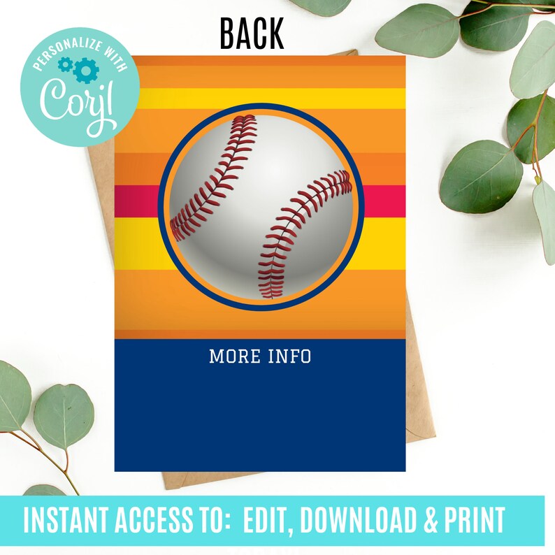 K&ouml;nnte beinhalten: Eine druckbare Einladung zum Thema Baseball mit einer Baseballgrafik und dem Text "BACK" und "MORE INFO".