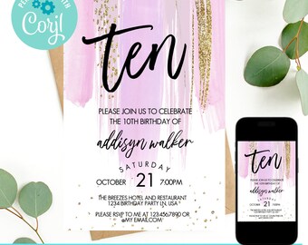 10th birthday invitation girl, double digits birthday invitation, 10th birthday invite, birthday invitation, birthday invite template