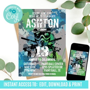 Any Age, Paintball Birthday Invitation, Paintball Invitation, Paintball Editable Invitation, Paintball Invite, Paintball Party