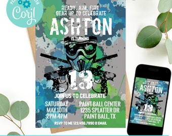 Any Age, Paintball Birthday Invitation, Paintball Invitation, Paintball Editable Invitation, Paintball Invite, Paintball Party