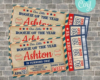Vintage Baseball ticket invitation, Baseball Birthday, Baseball Baby Shower, Rookie of the Year, All Star, Baseball Party Decorations