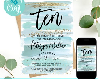 10th birthday invitation girl, double digits birthday invitation, 10th birthday invite, birthday invitation, tenth birthday party invite