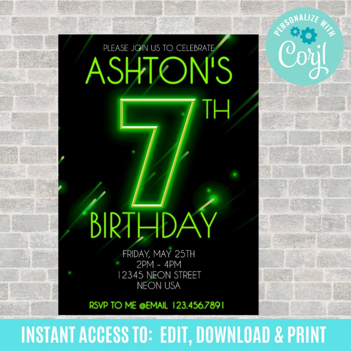 Neon Birthday Invitation 7th Birthday Invite Boy 7th Etsy