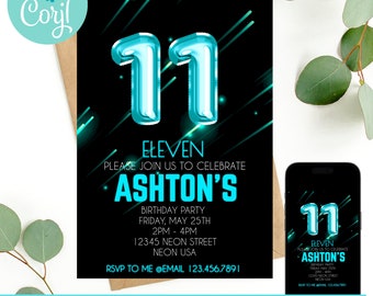 11th birthday, 11th birthday invitation, birthday invitation, birthday invitations for boys, Neon Birthday Invite, boys 11th birthday