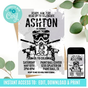 Paintball Birthday Invitation, Paintball Invitation, Paintball Editable Invitation, Paintball Invite, Paintball Party