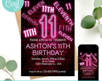 11th birthday, 11th birthday invitation, glow in the dark birthday invitation, birthday invitations for girls, Neon Birthday Invite