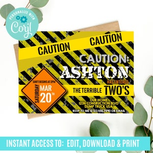 Construction birthday party, Terrible Twos Invite, Construction invitation, Construction birthday party invitation, Boys Second Birthday