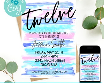 May include: A printable birthday invitation with a watercolor background in shades of blue, pink, and purple. The invitation says "twelve" in a black script font and includes the text "Please join us to celebrate the 12th birthday of Jessica Smith. Friday, May 25th, 2 PM - 4 PM, 12345 Neon Street, Neon USA. Please RSVP to me at 123.456.7890 or @my email.com".