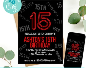 Neon Red 15th Birthday Invitation, Text Party Invite, Red Black Birthday Evite, Editable, Boy Girl Birthday Invite, glow in the dark