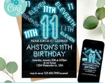 11e anniversaire, invitation 11e anniversaire, invitation d'anniversaire, invitations d'anniversaire pour garçons, invitation d'anniversaire néon, 11e anniversaire de garçons