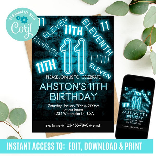 11th birthday, 11th birthday invitation, birthday invitation, birthday invitations for boys, Neon Birthday Invite, boys 11th birthday