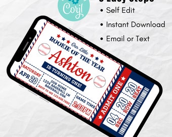 Baseball ticket invitation, Baseball Birthday, Baseball Baby Shower, Rookie of the Year, All Star, Baseball Party Decorations, Phone Invite