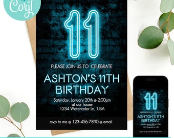 Può includere: Invito di compleanno modificabile con un 11 blu neon su uno sfondo di mattoni neri. Il testo recita "Unisciti a noi per celebrare l'11° compleanno di Ashton. Sabato 20 gennaio alle 14:00 presso la nostra casa 1234 Watercolor Ln, USA. RSVP a me @ 123-456-7890 @ email"