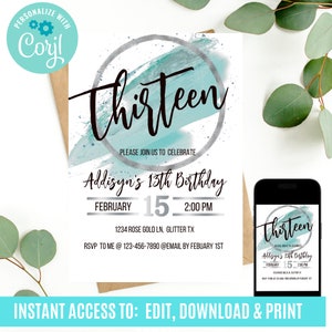 13th birthday invitation, 13th birthday, thirteen invitation, thirteenth birthday invitation, teal birthday invitation