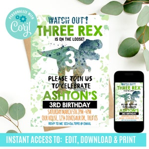 Invitation de trois Rex, faire-part d'anniversaire de dinosaure, Invitation d'anniversaire de trois Rex, trois Rex inviter un dinosaure imprimable