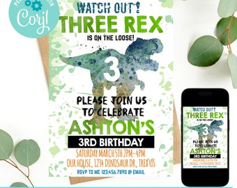 Three Rex Invitation, Dinosaur birthday invitation, Three Rex Birthday Invitation, Three Rex Invite Printable Dinosaur